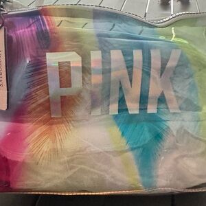 NWT PINK large cosmetic bikini zipper pouch with rainbow metallic zipper